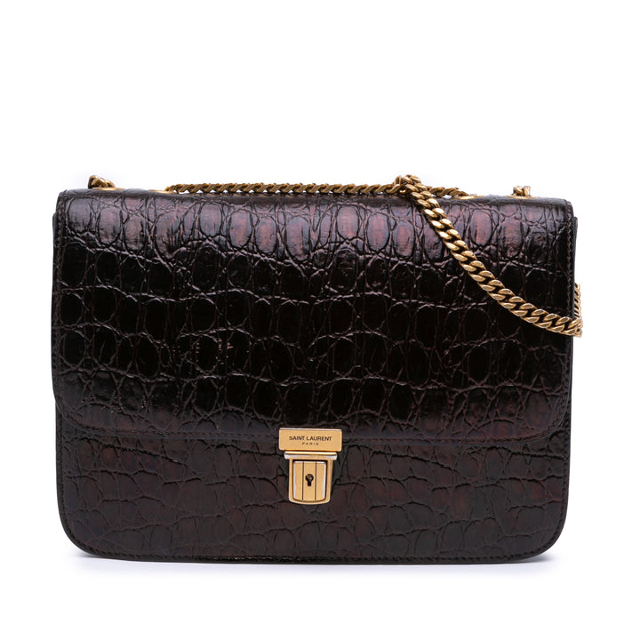 Saint Laurent Croc Embossed Cuir Tuc Chain Sac bandoulière Marron