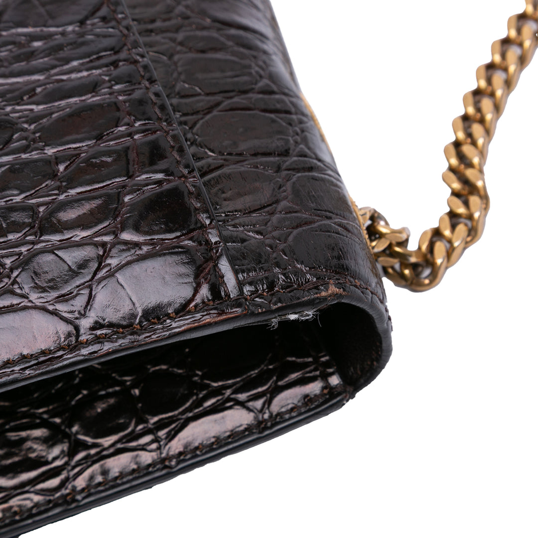 Saint Laurent Croc Embossed Cuir Tuc Chain Sac bandoulière Marron