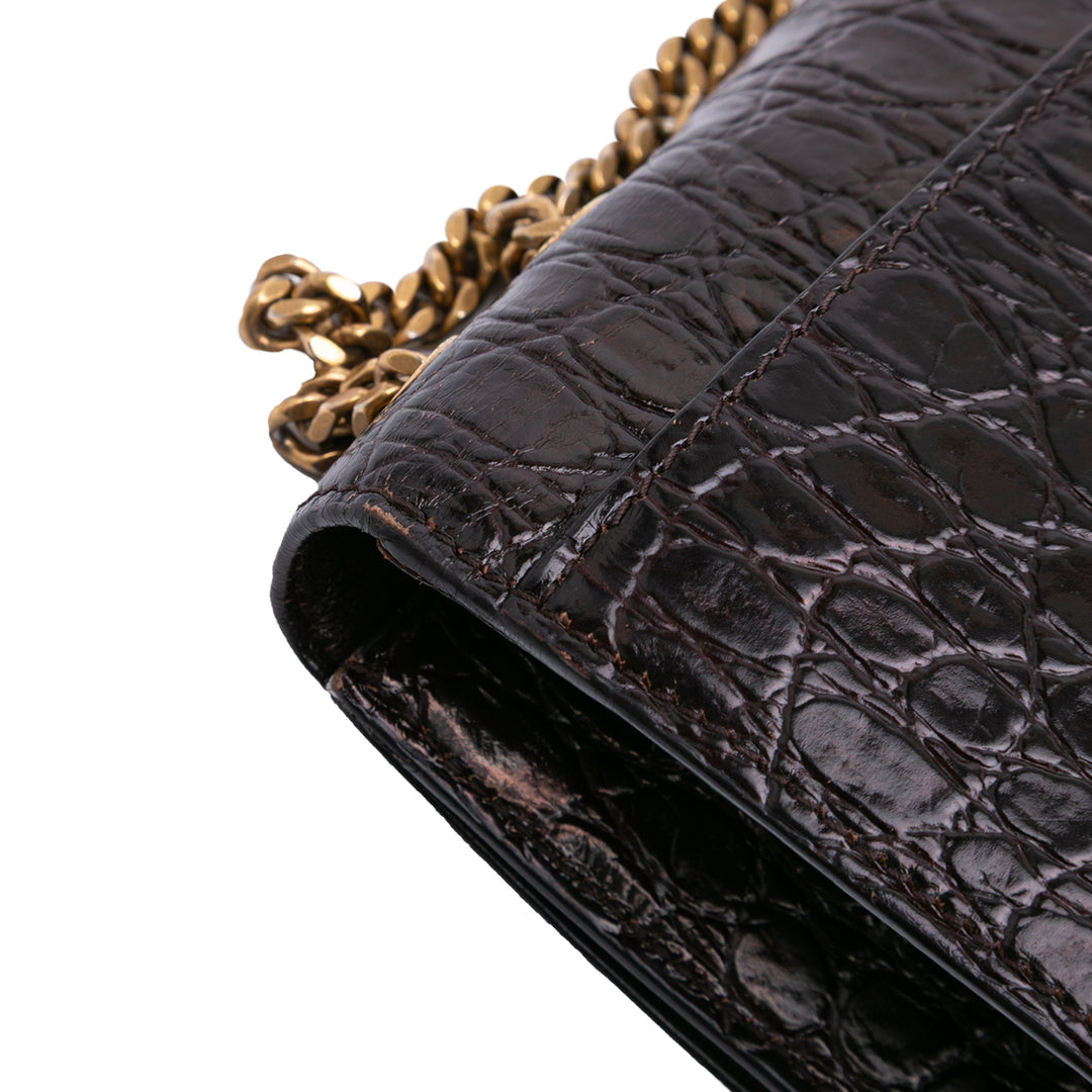 Saint Laurent Croc Embossed Cuir Tuc Chain Sac bandoulière Marron