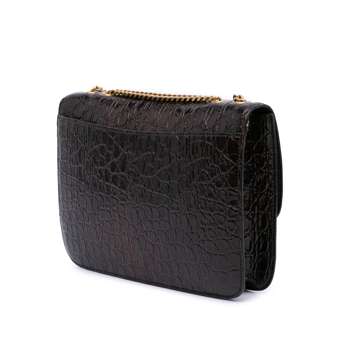 Saint Laurent Croc Embossed Cuir Tuc Chain Sac bandoulière Marron