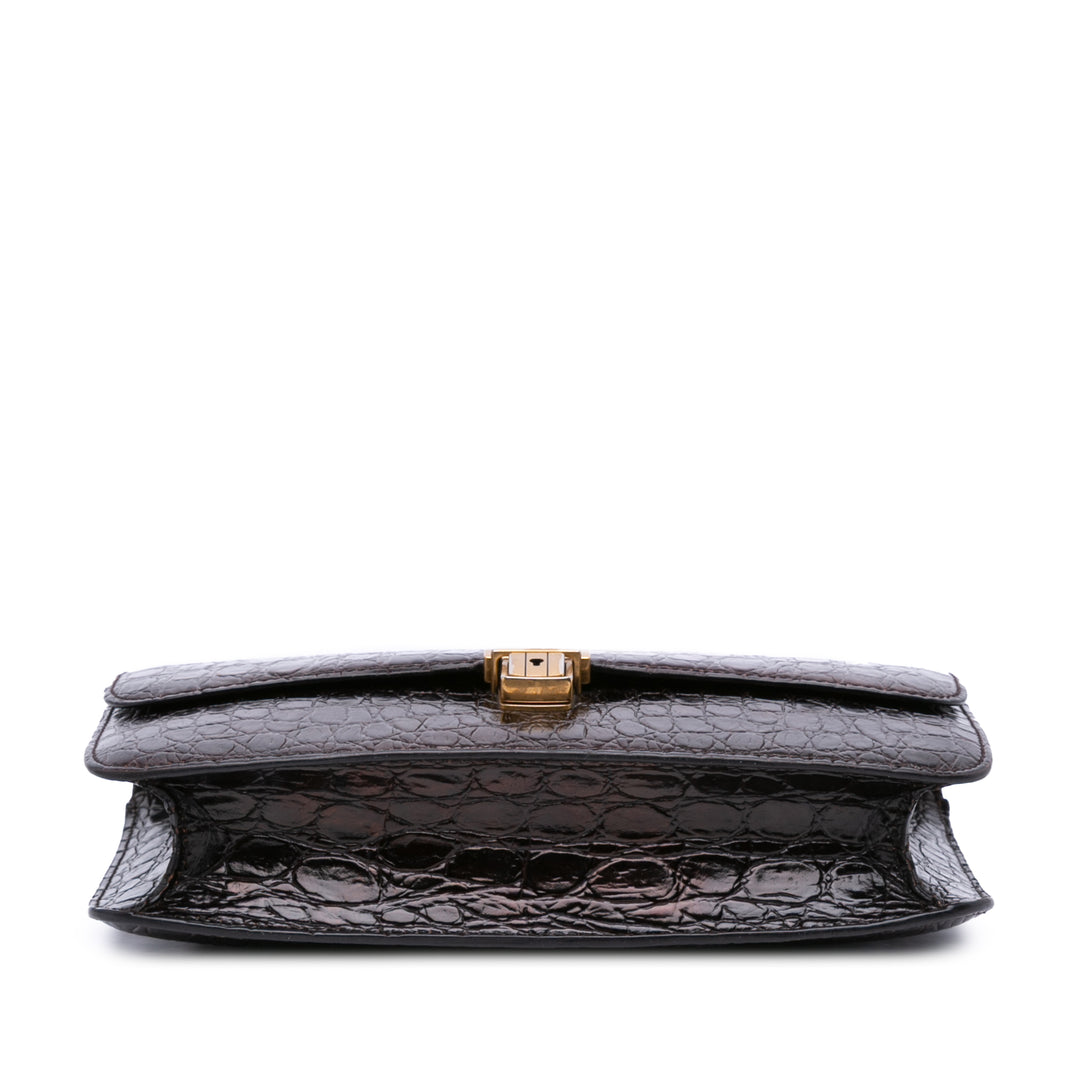 Saint Laurent Croc Embossed Cuir Tuc Chain Sac bandoulière Marron