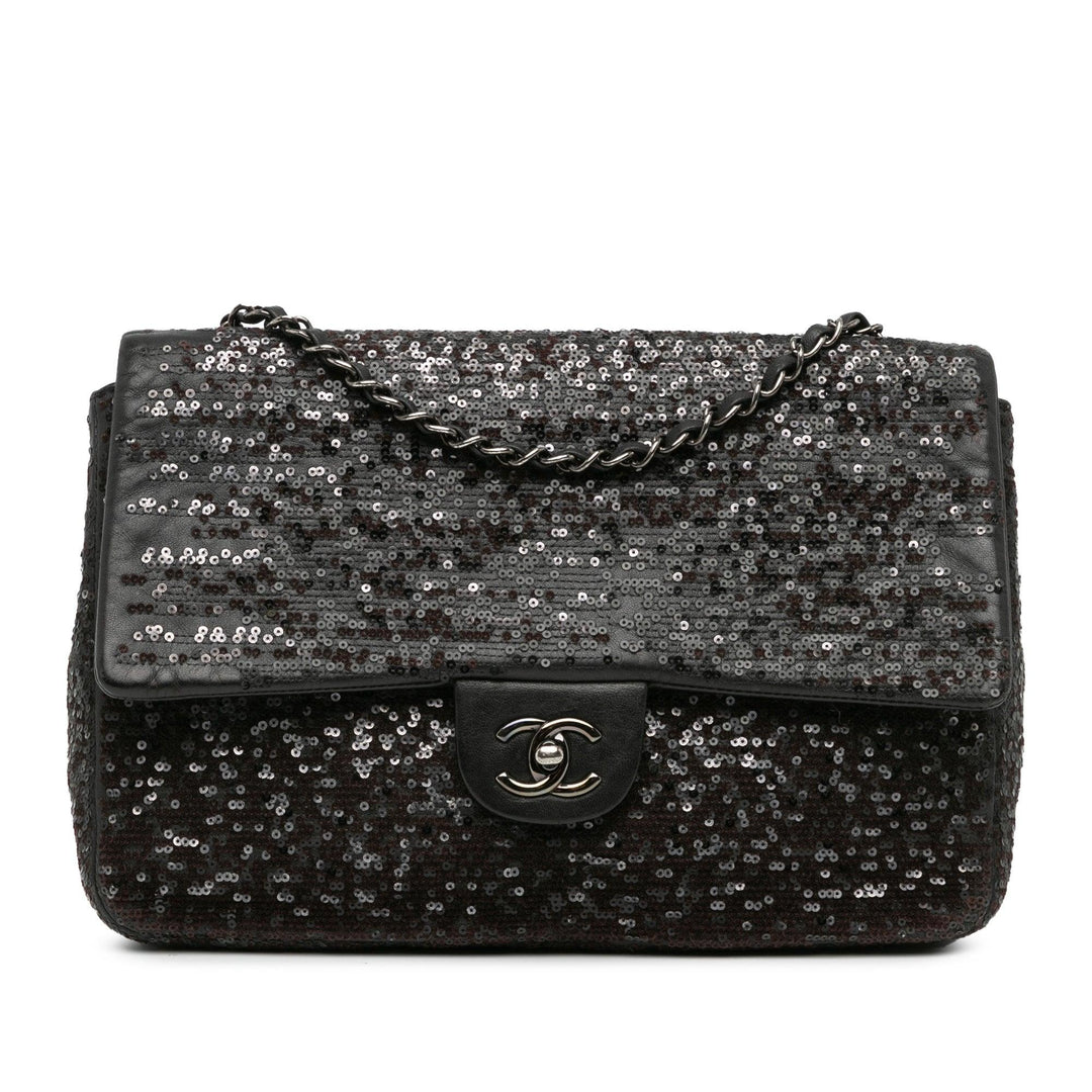 Jumbo Sequined Lambskin Moonlight On Water Flap Black - Gaby Paris