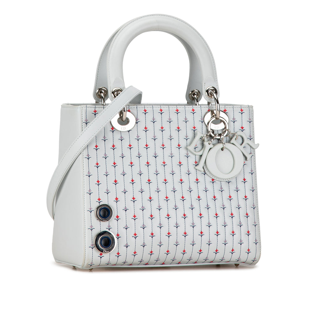 Medium Calfskin Embroidered Flower Lady Dior Blue - Gaby Paris