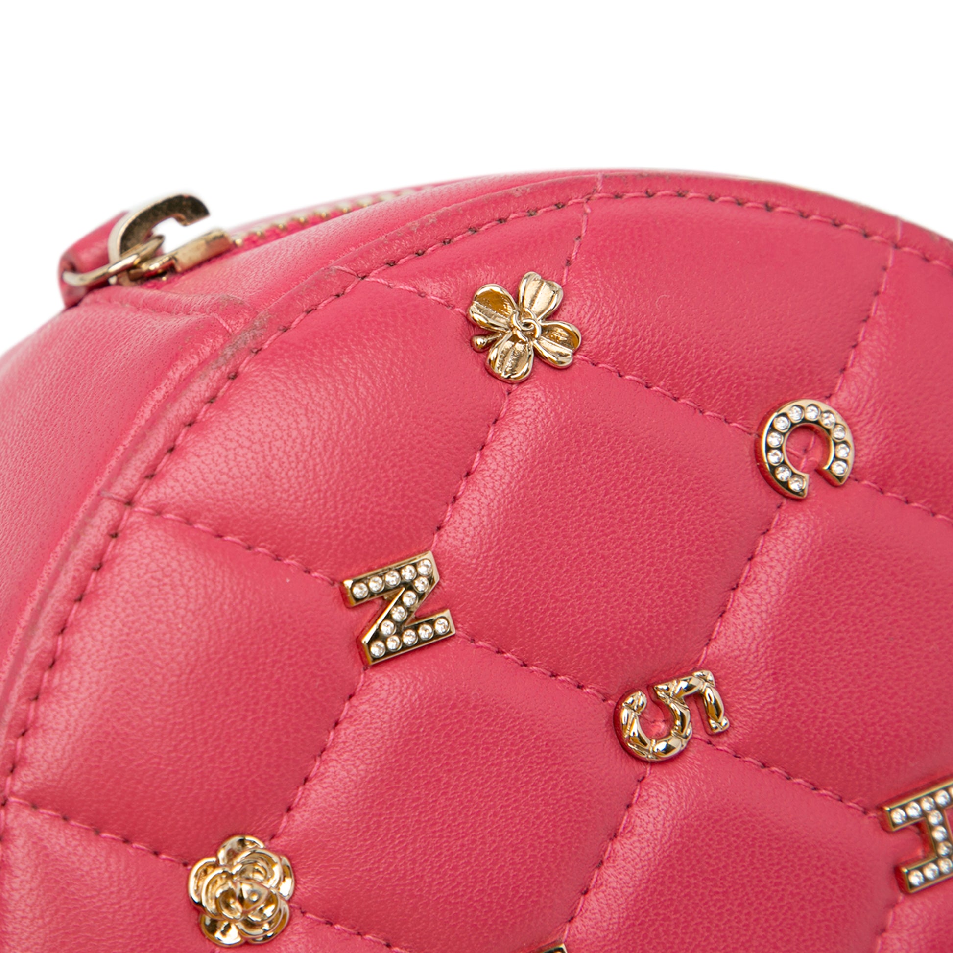 CC Quilted Lambskin Lucky Charms Round Clutch with Chain Pink - Gaby Paris