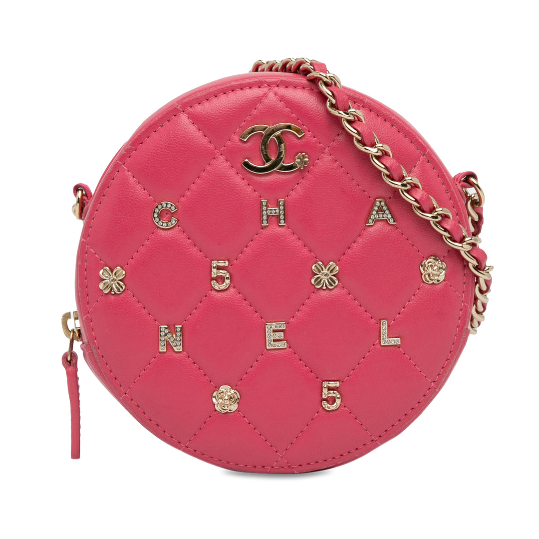 CC Quilted Lambskin Lucky Charms Round Clutch with Chain Pink - Gaby Paris