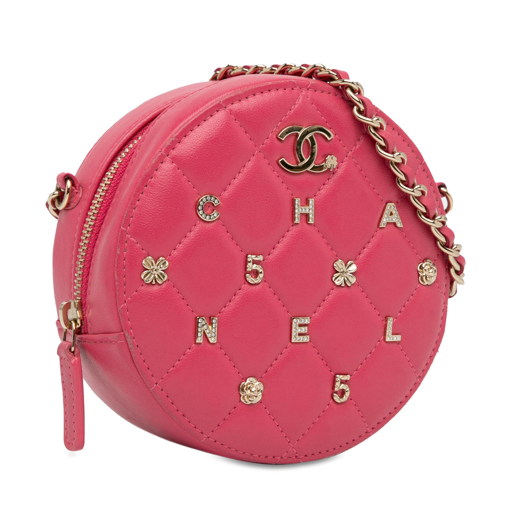 CC Quilted Lambskin Lucky Charms Round Clutch with Chain Pink - Gaby Paris