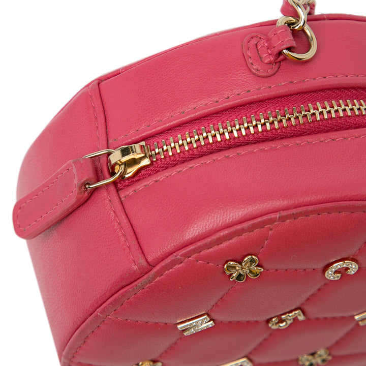 CC Quilted Lambskin Lucky Charms Round Clutch with Chain Pink - Gaby Paris