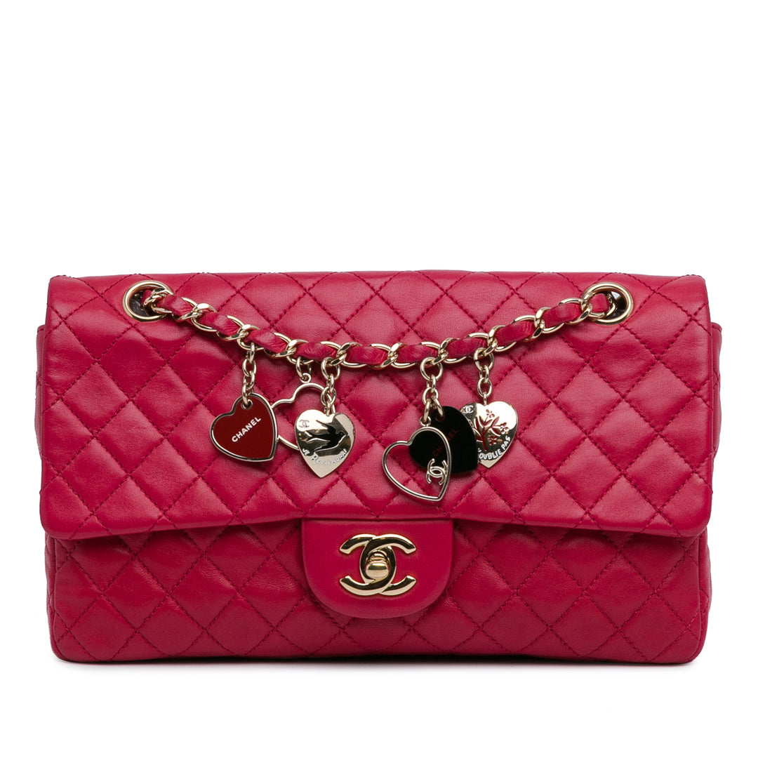 Medium Classic Lambskin Valentines Heart Charms Single Flap Pink - Gaby Paris