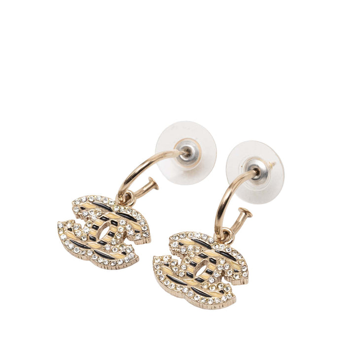 Chanel CC plaqué et Émail Rhinestones pendantes Hoop Boucles d’oreilles