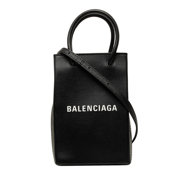 Balenciaga Étui téléphone Logo Cabas Mini Cuir de veau Noir – vue principale – GABY PARIS
