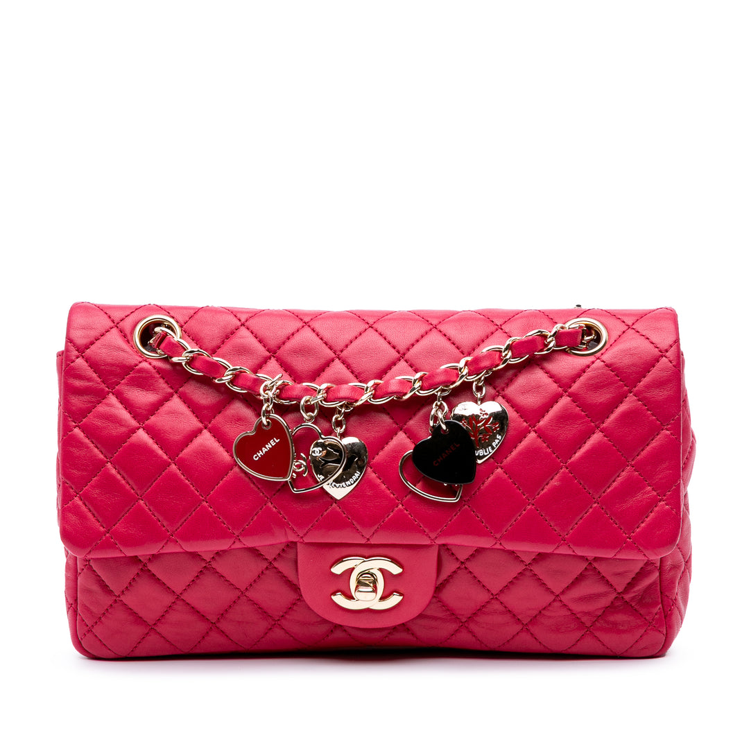 Medium Classic Lambskin Valentines Heart Charms Single Flap Pink - Gaby Paris