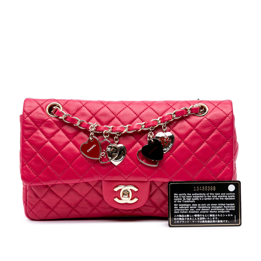 Medium Classic Lambskin Valentines Heart Charms Single Flap Pink - Gaby Paris
