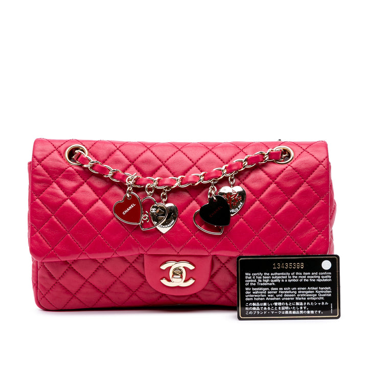 Medium Classic Lambskin Valentines Heart Charms Single Flap Pink - Gaby Paris