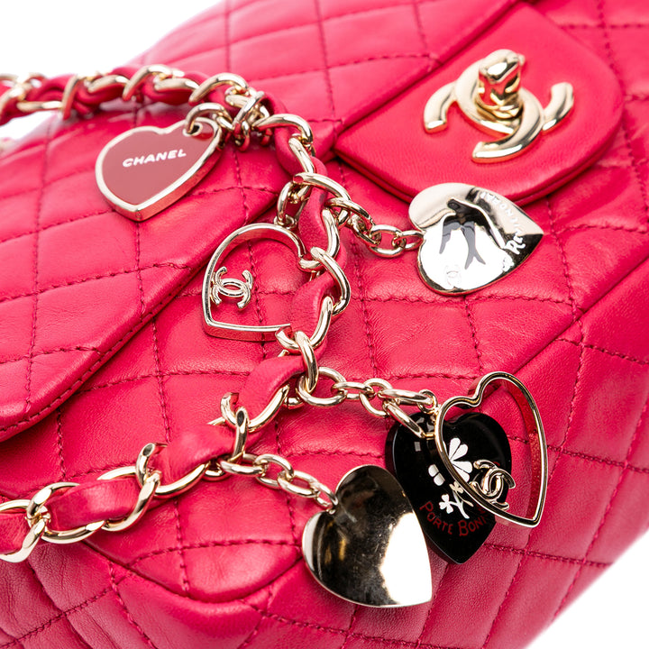Medium Classic Lambskin Valentines Heart Charms Single Flap Pink - Gaby Paris