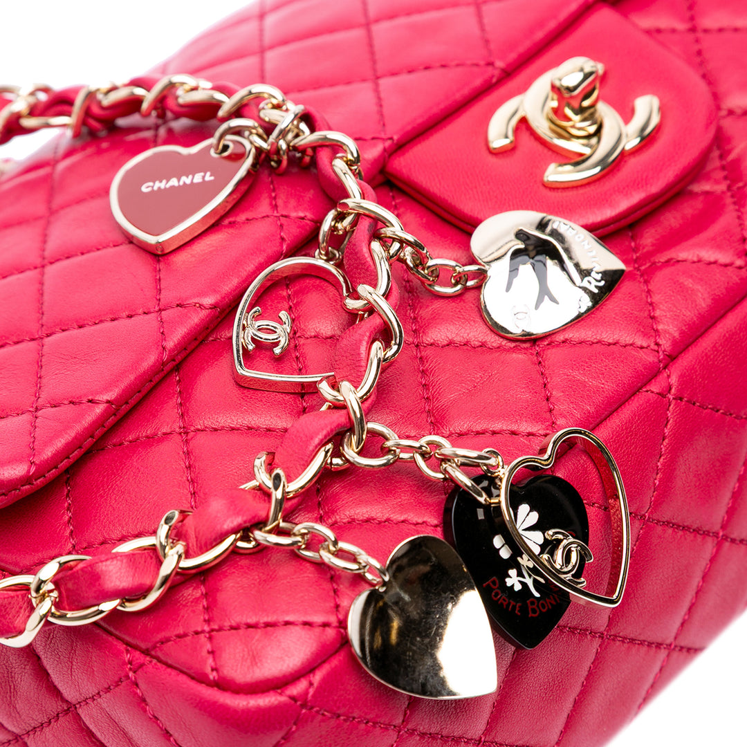 Medium Classic Lambskin Valentines Heart Charms Single Flap Pink - Gaby Paris