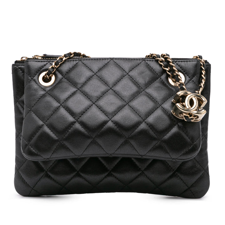 Quilted Lambskin Double Case with Chain Black - Gaby Paris