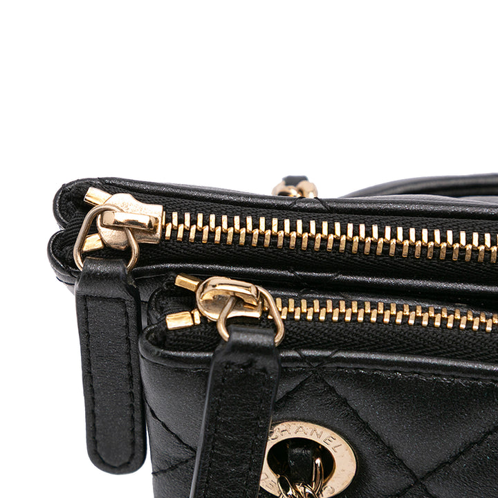 Quilted Lambskin Double Case with Chain Black - Gaby Paris