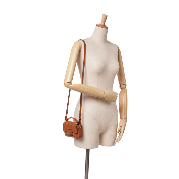 Zucca Embossed Leather Baguette Phone Pouch Satchel Brown - Gaby Paris