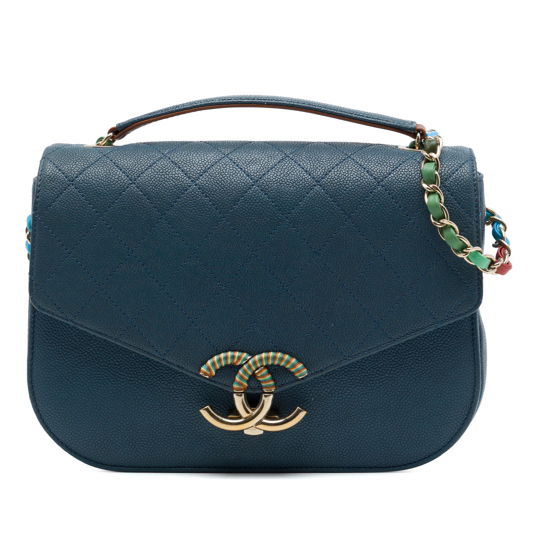Chanel Paris Cuba Matelassé Thread Around à rabat Moyen Cuir caviar Bleu – vue principale – GABY PARIS