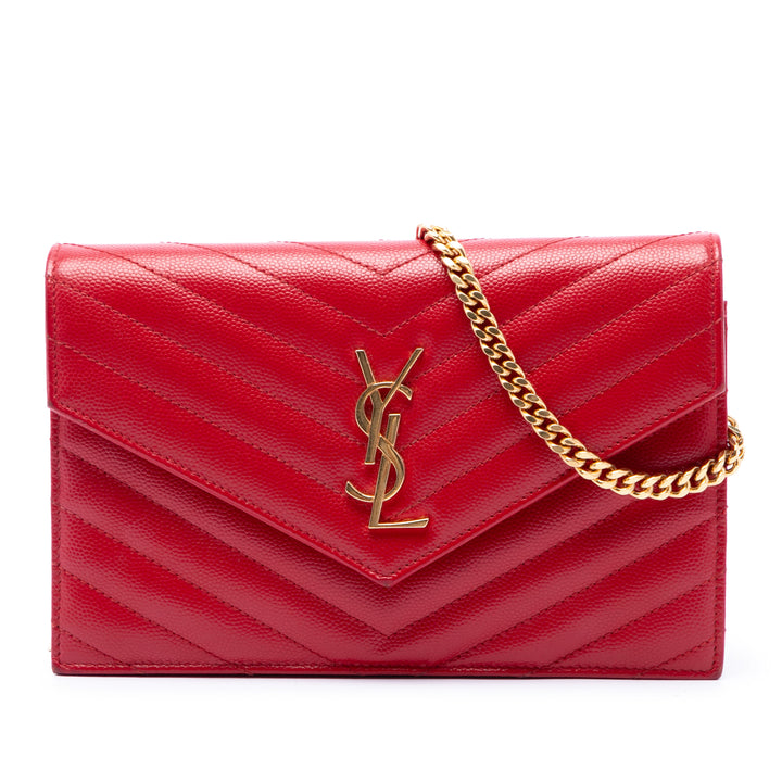 Saint Laurent Grain De Poudre Chevron Enveloppe Wallet on Chain Monogram Rouge