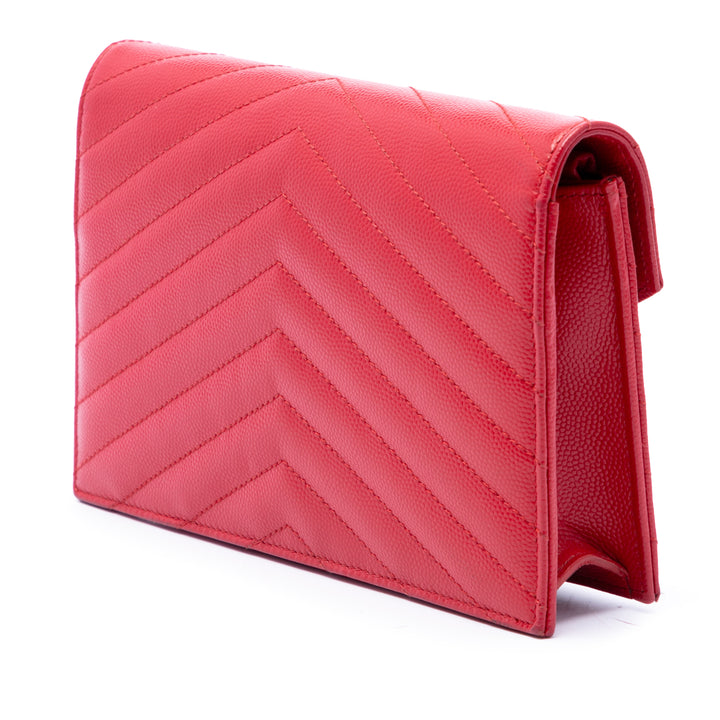 Saint Laurent Grain De Poudre Chevron Enveloppe Wallet on Chain Monogram Rouge