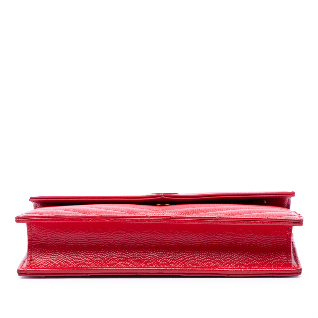 Saint Laurent Grain De Poudre Chevron Enveloppe Wallet on Chain Monogram Rouge