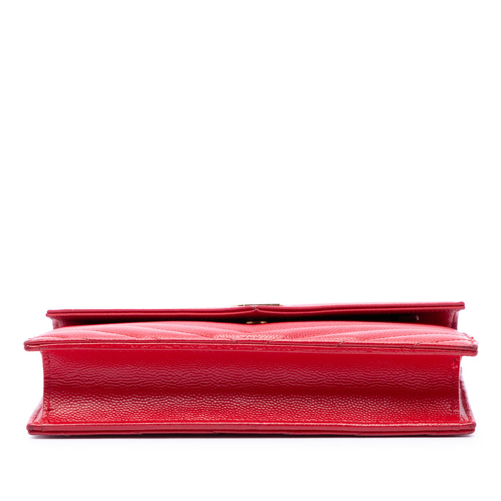 Saint Laurent Grain De Poudre Chevron Enveloppe Wallet on Chain Monogram Rouge