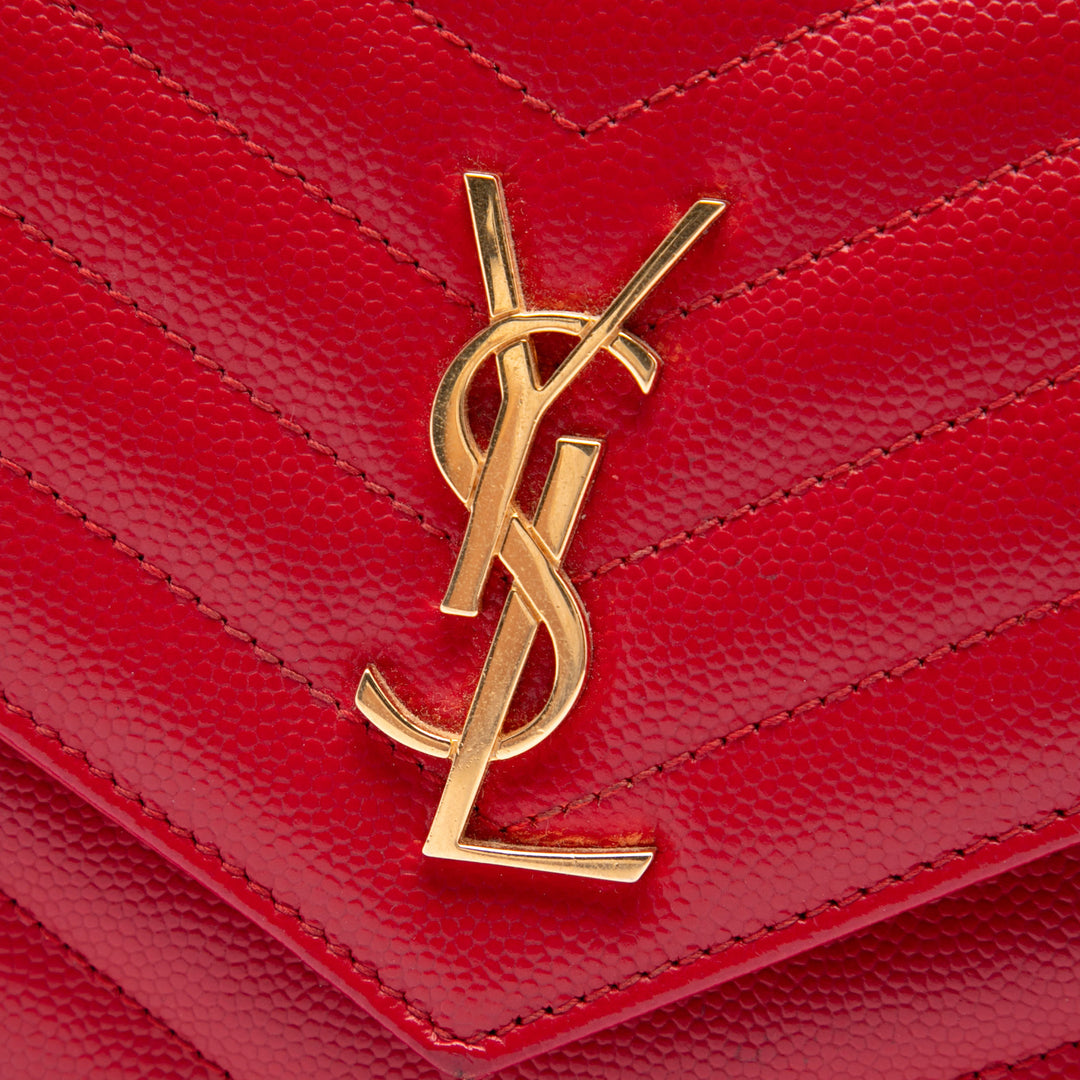Saint Laurent Grain De Poudre Chevron Enveloppe Wallet on Chain Monogram Rouge