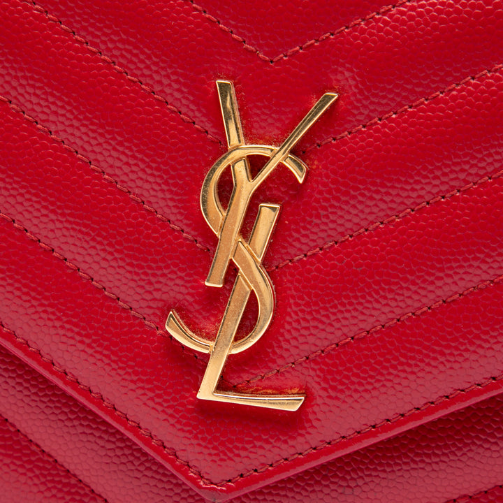 Saint Laurent Grain De Poudre Chevron Enveloppe Wallet on Chain Monogram Rouge