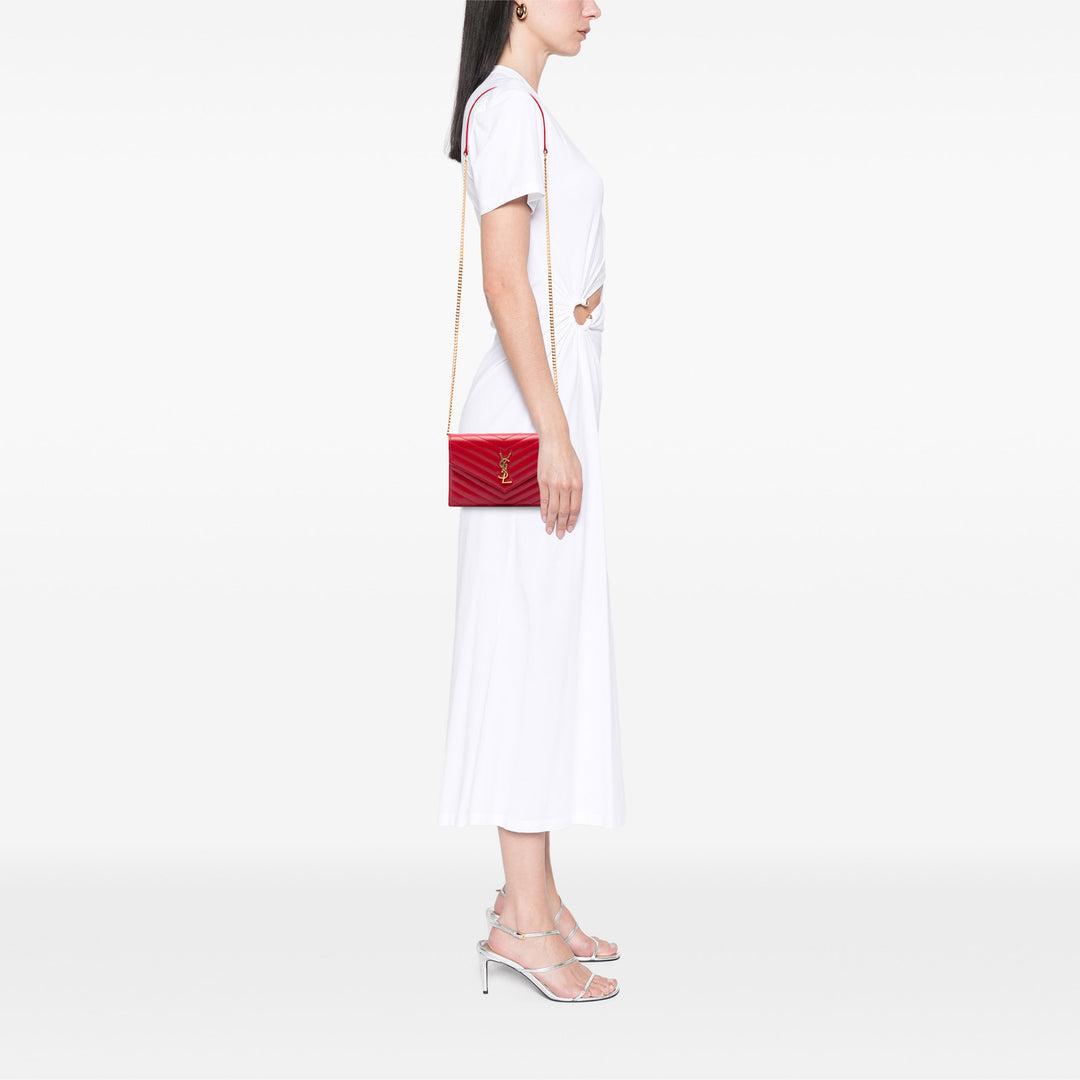 Saint Laurent Grain De Poudre Chevron Enveloppe Wallet on Chain Monogram Rouge