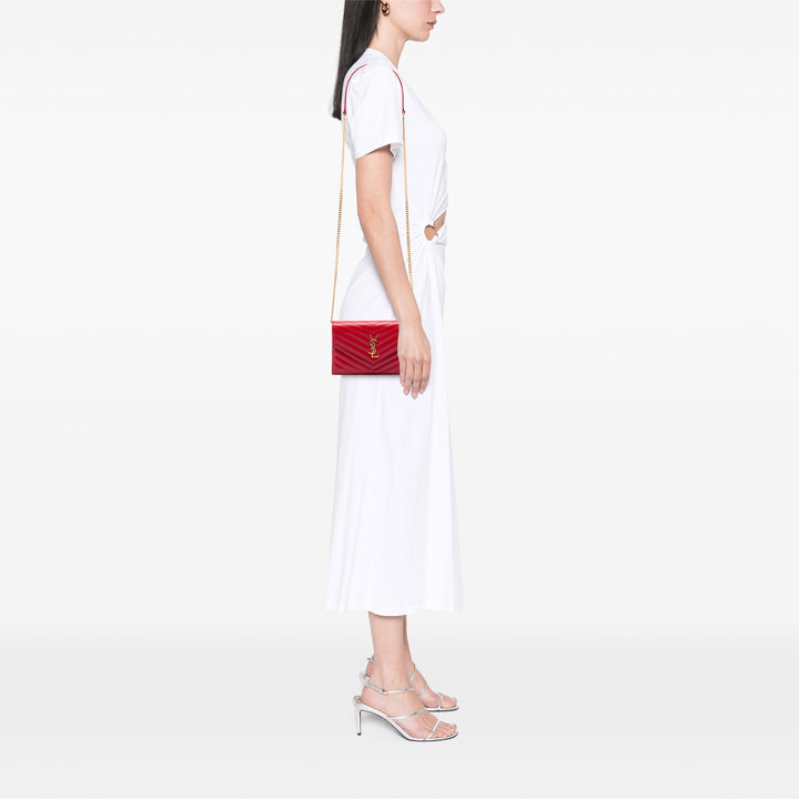 Saint Laurent Grain De Poudre Chevron Enveloppe Wallet on Chain Monogram Rouge