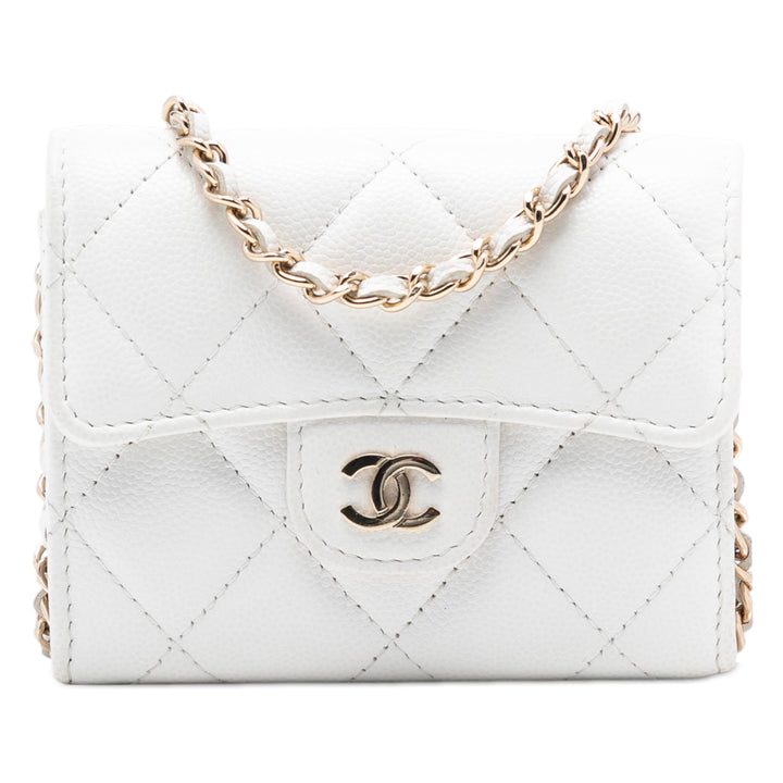 Chanel CC Matelassé Caviar à rabat Card Holder avec chaîne
