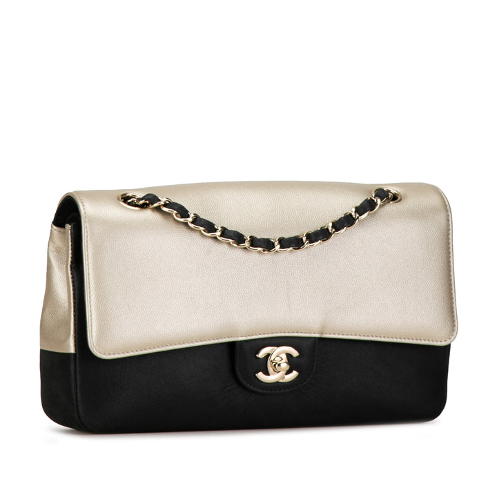 Medium Classic Bicolor Caviar Double Flap Silver - Gaby Paris