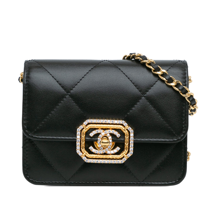 Chanel Matelassé Cuir de veau Strass Card Holder On Chain