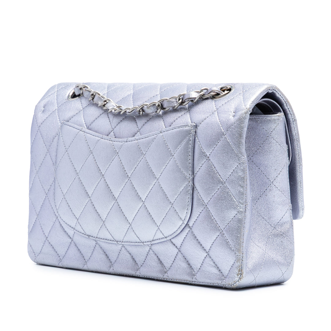 Chanel Medium Classic Métallisé Cuir de veau Double rabat Argenté