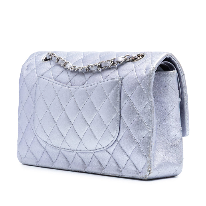Chanel Medium Classic Métallisé Cuir de veau Double rabat Argenté