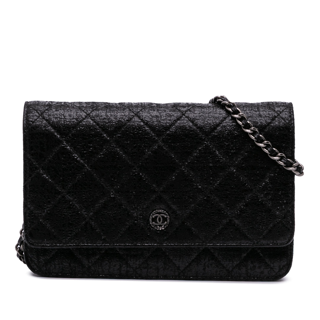 CC Quilted Crinkled Patent Wallet On Chain Black - Gaby Paris