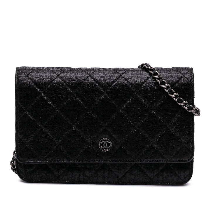 CC Quilted Crinkled Patent Wallet On Chain Black - Gaby Paris