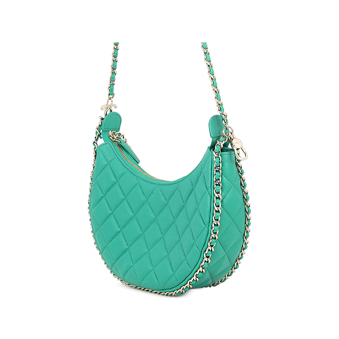 Chanel Matelassé Sac rond à chaîne Hook Hobo Sac Petit Cuir d'agneau Vert – vue 2 – GABY PARIS