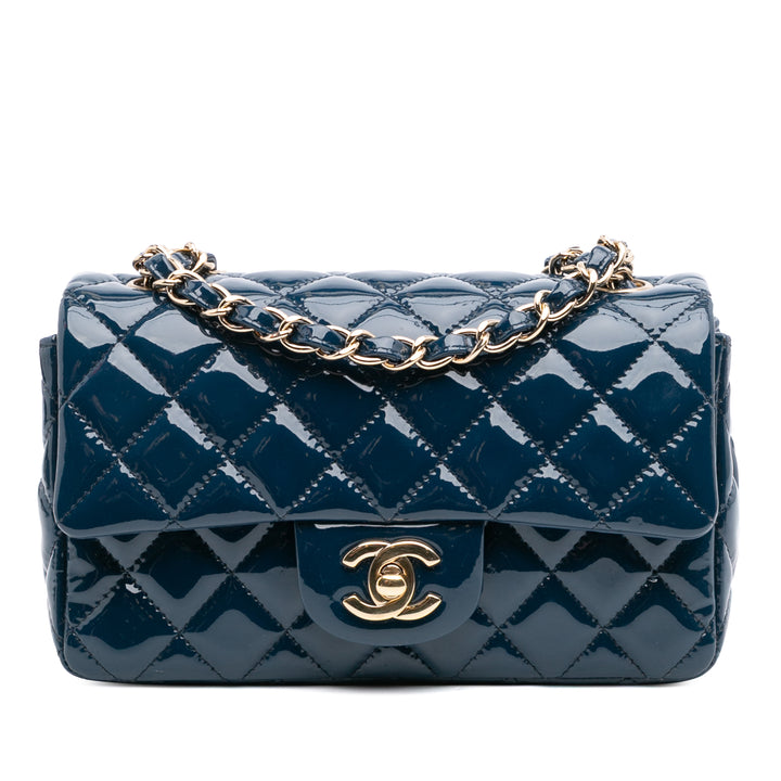 Chanel Mini Rectangular Classic Cuir verni Simple rabat Bleu