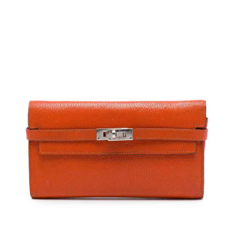 Hermès Chevre Mysore Kelly Longue Portefeuille Orange – vue principale – GABY PARIS