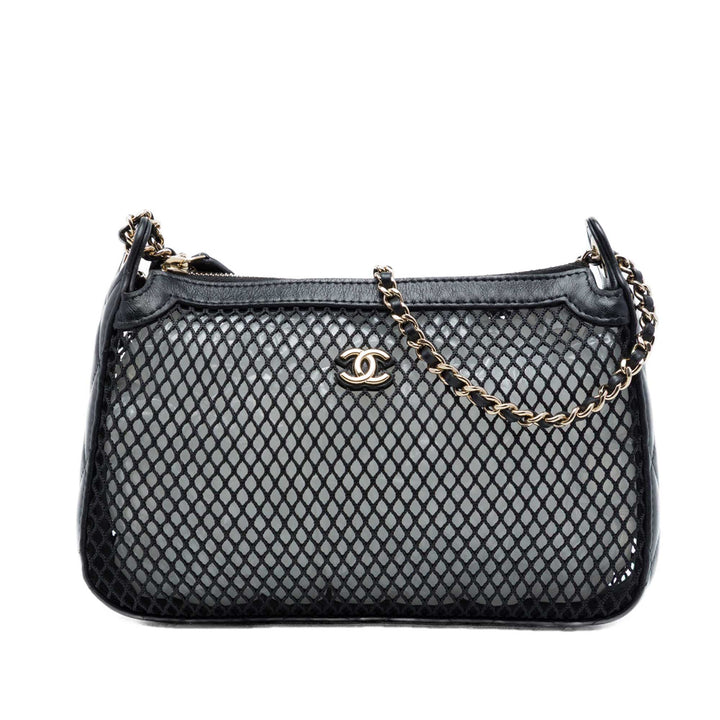 Chanel CC Mesh et brillant Pochette avec chaîne Cuir d'agneau Noir