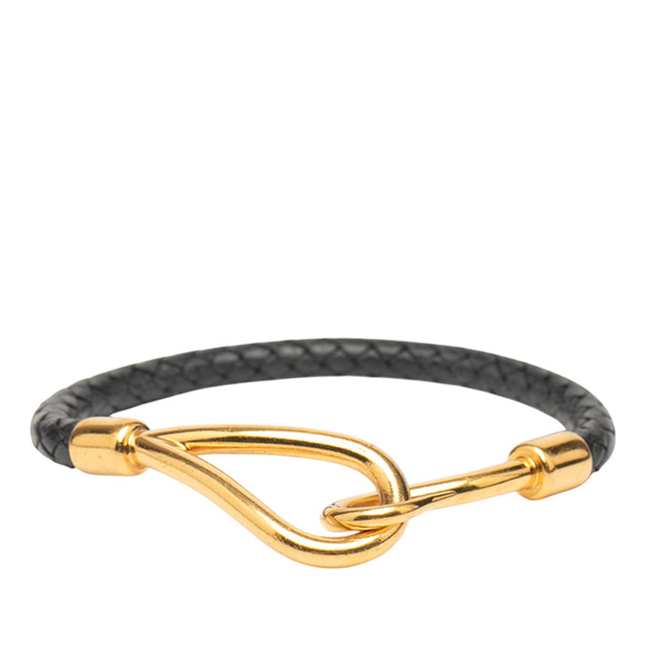 Hermès Doré Plated and Braided Cuir Jumbo Hook Bracelet Noir