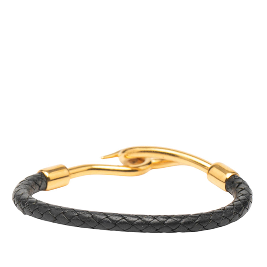 Hermès Doré Plated and Braided Cuir Jumbo Hook Bracelet Noir