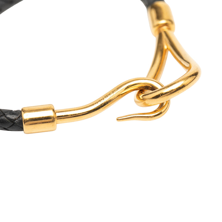Hermès Doré Plated and Braided Cuir Jumbo Hook Bracelet Noir
