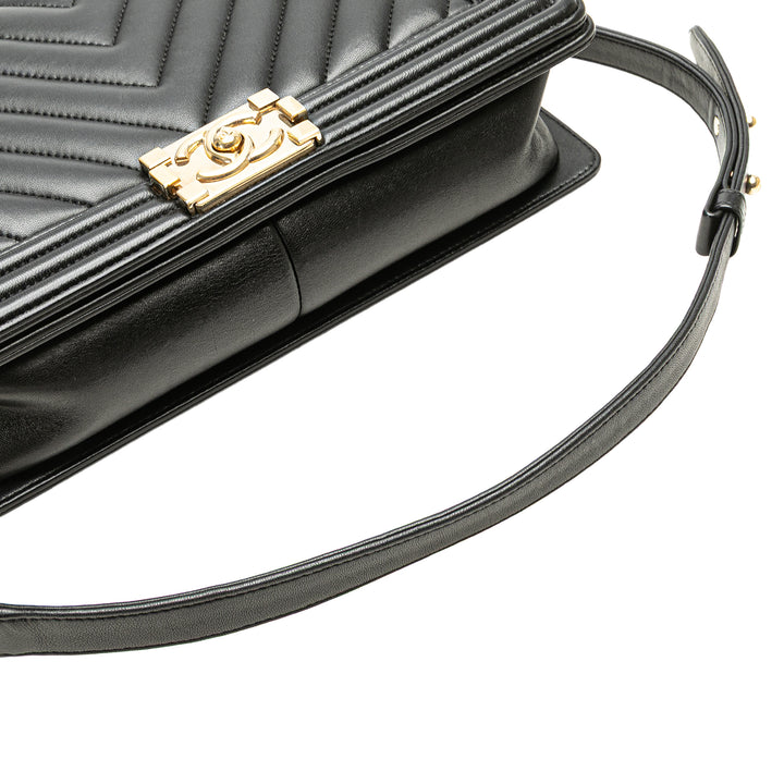 Medium Chevron Lambskin Boy Flap Black - Gaby Paris