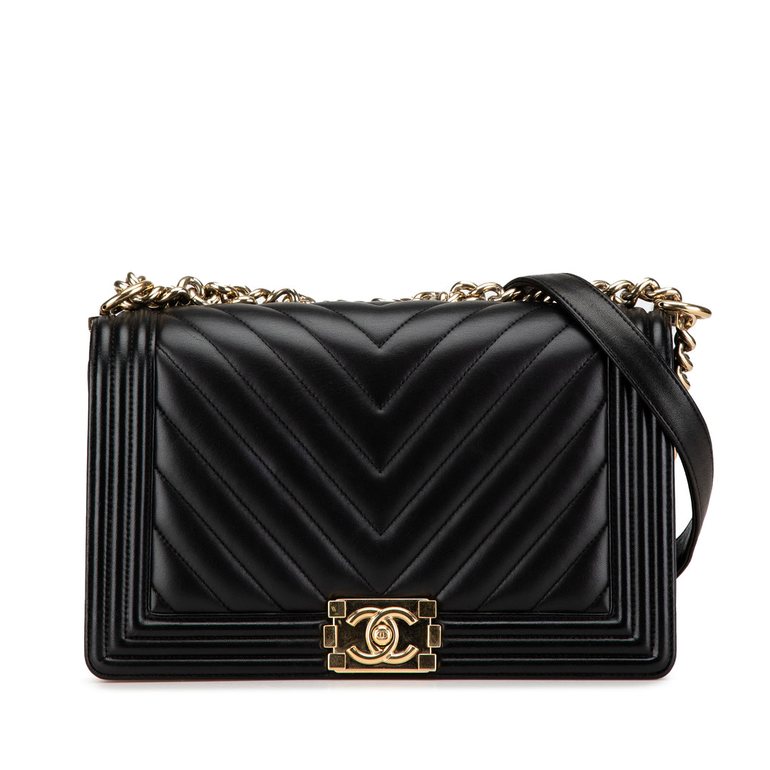 Medium Chevron Lambskin Boy Flap Black - Gaby Paris