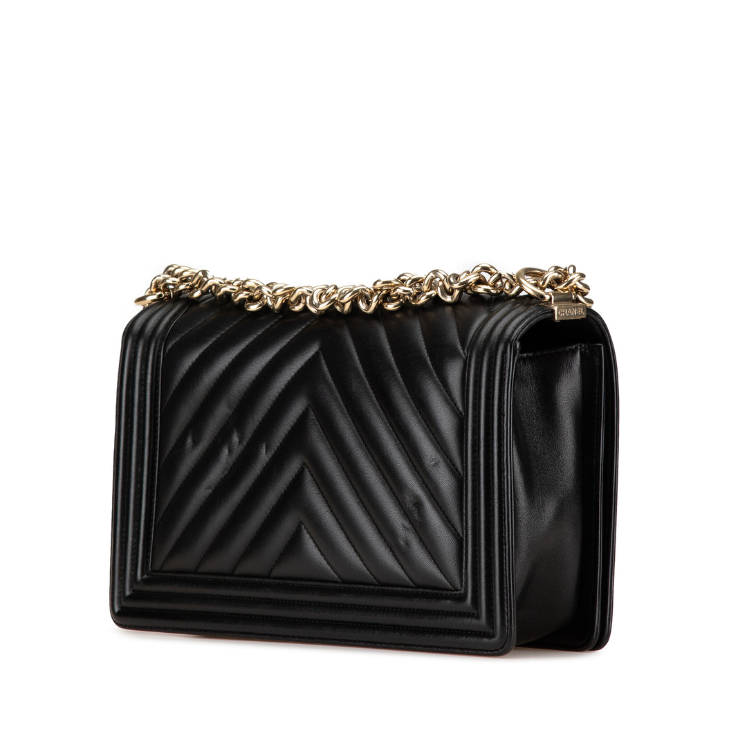 Medium Chevron Lambskin Boy Flap Black - Gaby Paris