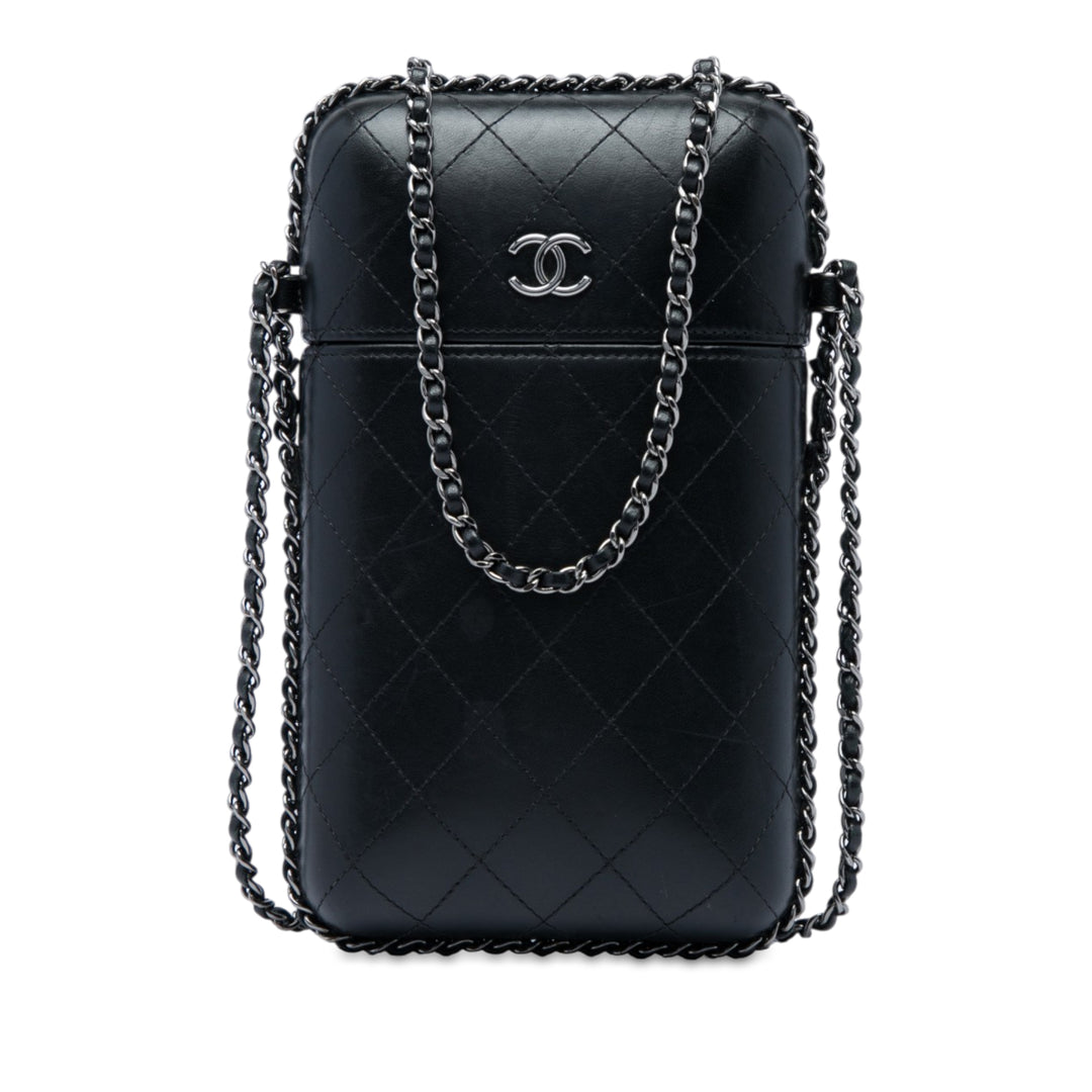 CC Matelassé Sac rond à chaîne Étui téléphone Cuir d'agneau Noir