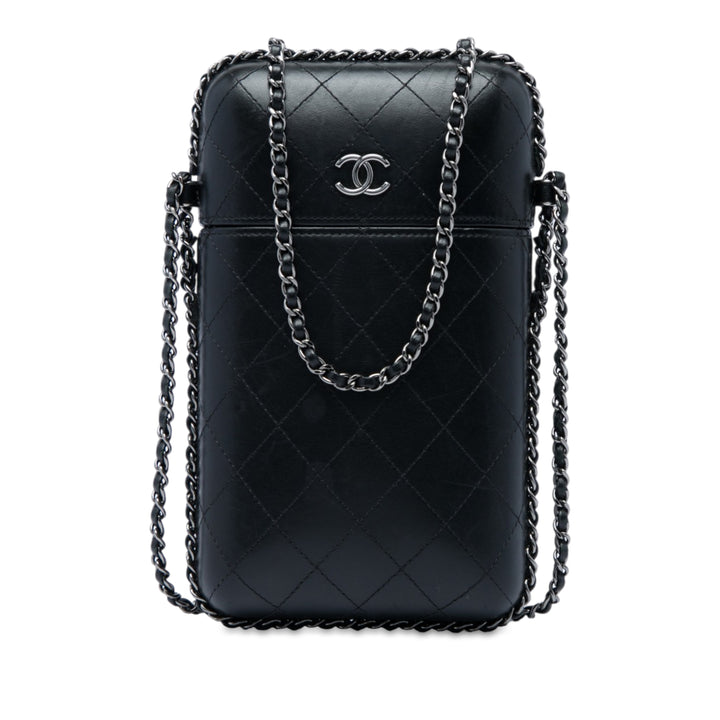 CC Matelassé Sac rond à chaîne Étui téléphone Cuir d'agneau Noir